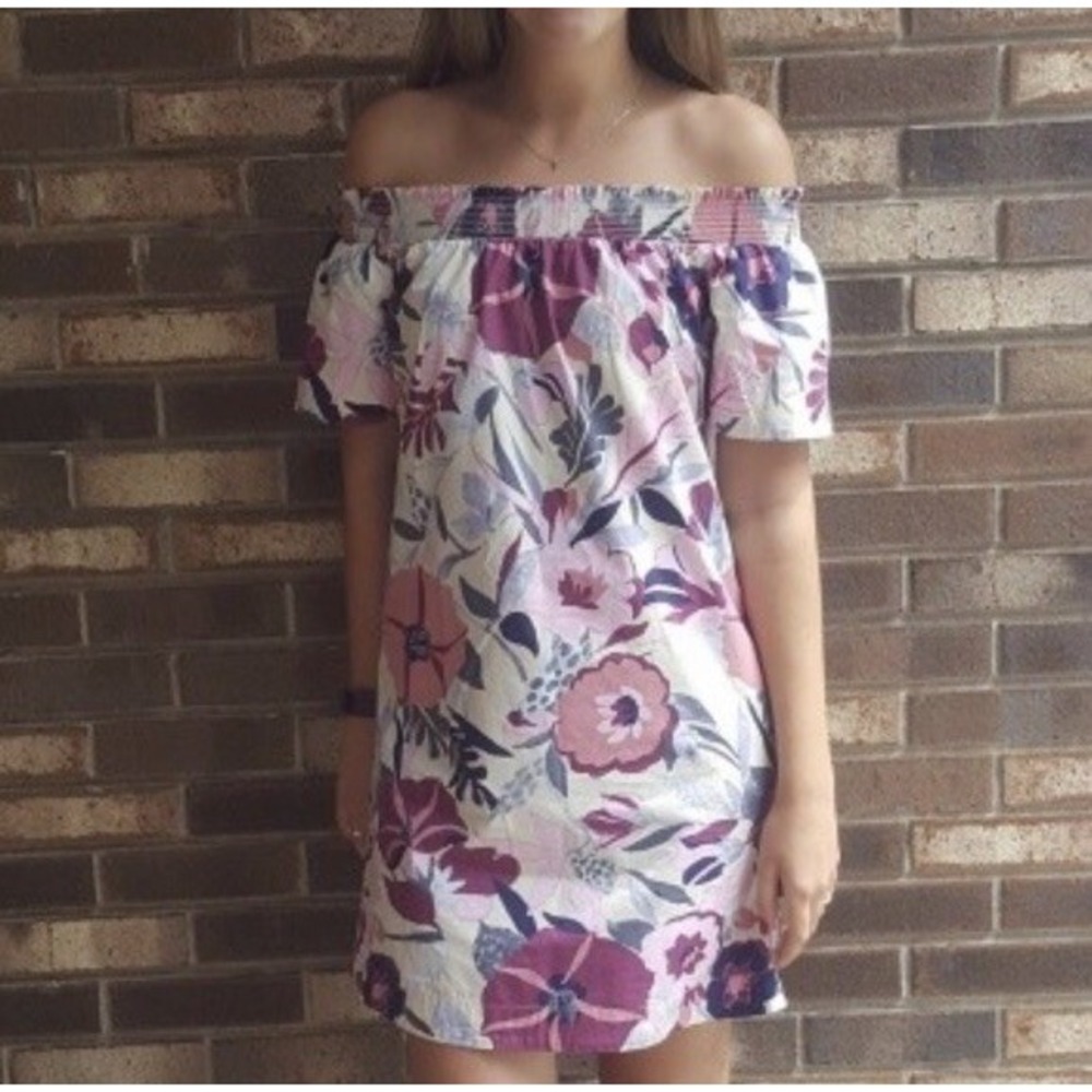 Ann Taylor Loft Floral Off Shoulder Dress Large Tropical Hibiscus Cotton Pink